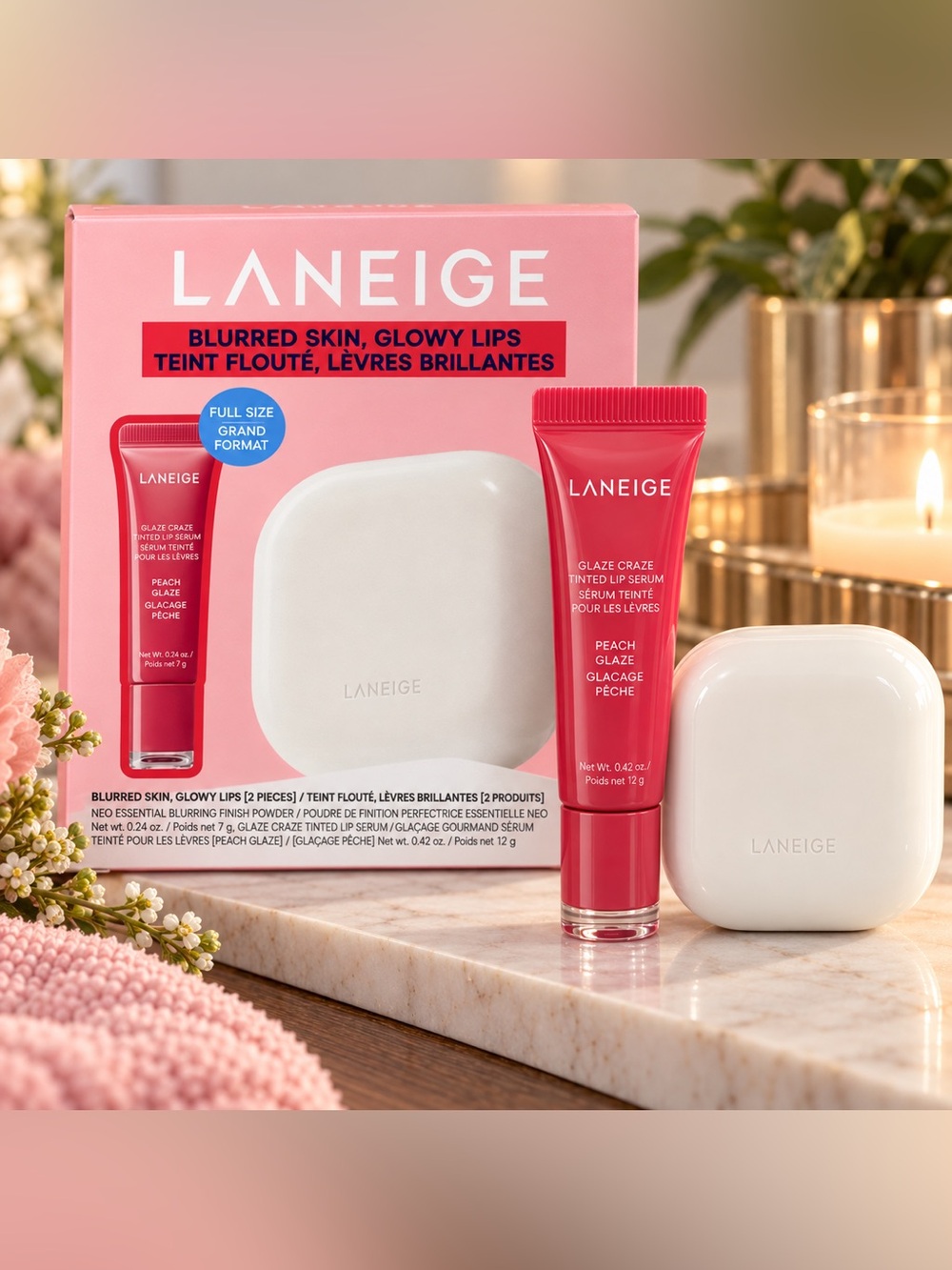 Laneige Blurred Skin Glowy Lips Set • Full Size Setting Powder & Tinted Lip NIB